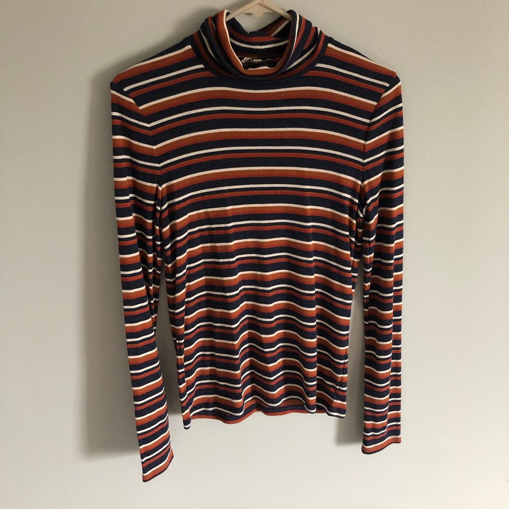 Madewell caramel, navy, cream striped turtleneck